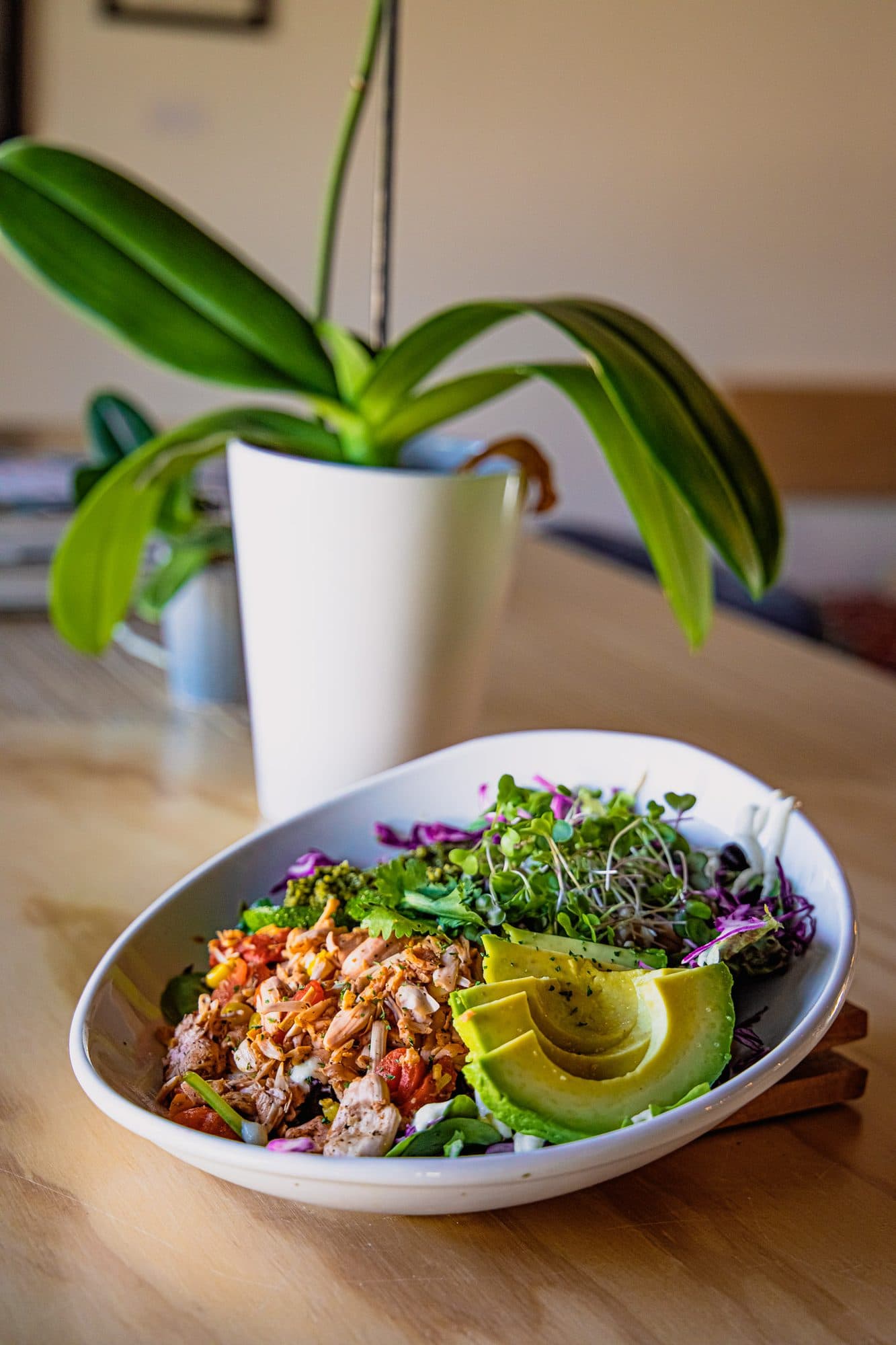 A colorful bowl beside a white orchid on a wood counter